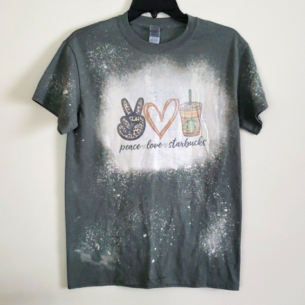 Graphic tee shirt, peace love Starbucks, green, paint splatter, size small